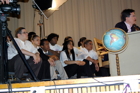 A lucky group of students got to sit near Stephen on stage. A lucky group of students got to sit near Stephen on stage.