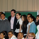 Stephen Colbert poses with Manhattan Bridges High School students.