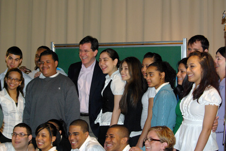 Stephen Colbert poses with Manhattan Bridges High School students. Stephen Colbert poses with Manhattan Bridges High School students.