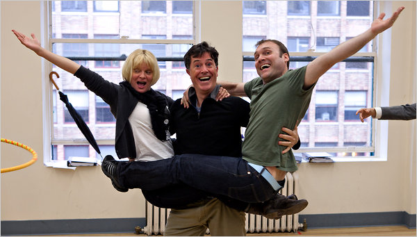 Martha Plimpton, Stephen Colbert, and Lee Wilkins rehearsing Company