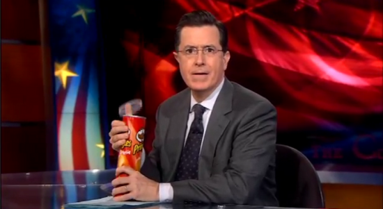 Stephen Colbert pops the top off his storm stash pringles tube