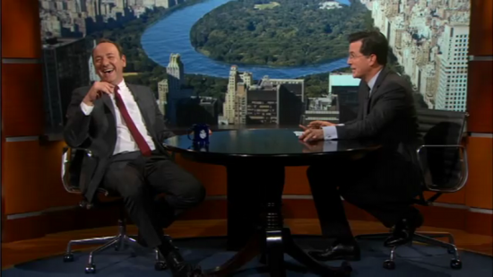 Stephen Colbert and Kevin Spacey laughing