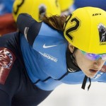 Katherine Reutter Katherine Reutter of the USA, sporting a patch of The Colbert Nation skates in the Women's 1500m finals at the ISU World Cup short track speed skating event round on November 7, 2009 in Montreal, Canada.