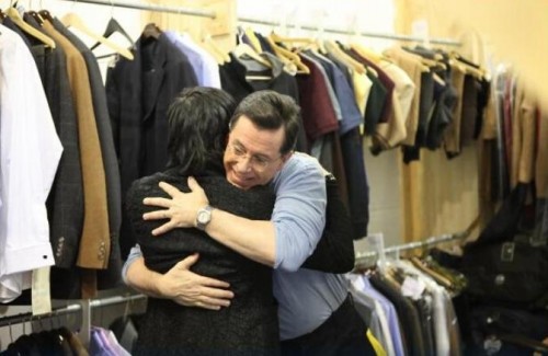 Stephen Colbert hugs Johnny Weir Stephen Colbert hugs Johnny Weir