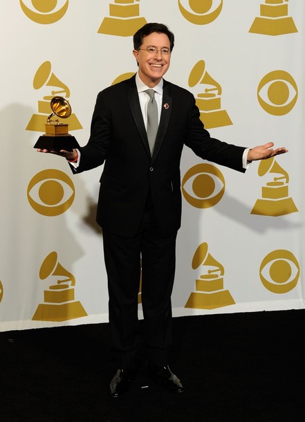 Stephen Colbert shows off his new Grammy backstage at the 2010 Grammy Awards Stephen Colbert shows off his new Grammy backstage at the 2010 Grammy Awards