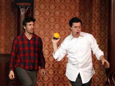 Stephen Colbert and Paul Dinello perform at Second City's 50th anniversary