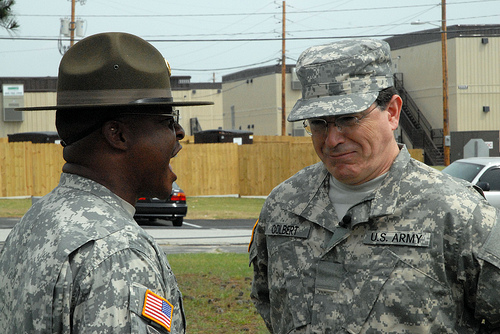 bootcamp1-500px Drill sergeant, Sgt. 1st Class Demetrius Chantz, an instructor at the U.S. Army Drill Sergeant School, corrects Pvt. Stephen Colbert.