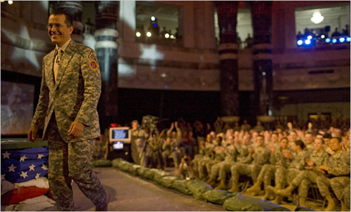 Stephen Colbert in an all-camo suit and buzzcut Photo Credit: Moises Saman for The New York Times