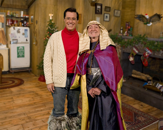 Stephen Colbert and Willie Nelson on the Colbert Christmas set