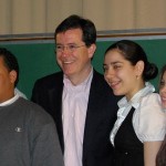 Stephen Colbert poses for a photo with Manhattan Bridges High School students