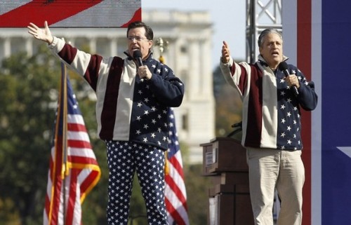 Jon Stewart and Stephen Colbert during the Rally to Restore Sanity and/or/Fear in Washington DC Jon Stewart and Stephen Colbert during the Rally to Restore Sanity and/or/Fear in Washington DC