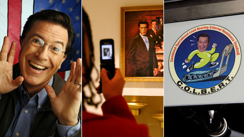 Stephen Colbert (pictured left) petitioned successfully to have his portrait hung in Washington's National Portrait Gallery (center) and has a treadmill on the International Space Station named after him (right). (Carolyn Cole, Los Angeles Times / Associated Press / Jacquelyn Martin, Associated Press)