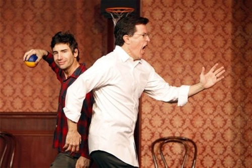 scmainstage3 Actors Paul Dinello, left, and Stephen Colbert perform a skit on stage to celebrate The Second City's 50th anniversary Saturday, Dec. 12, 2009, in Chicago.