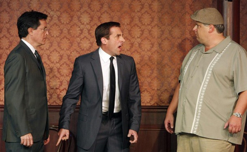Stephen Colbert (L), Steve Carell (C) and Scott Allman perform a skit as part of celebrations marking the 50th anniversary of improv theater, The Second City, in Chicago December 12, 2009.