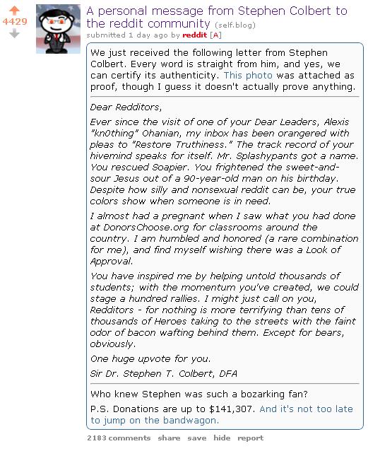 Stephen Colbert's Reddit Response