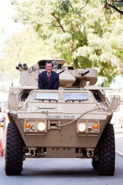 Stephen Colbert rides an Army ASV while taping an episode of the Colbert Report Stephen Colbert rides an Army ASV while taping an episode of the Colbert Report